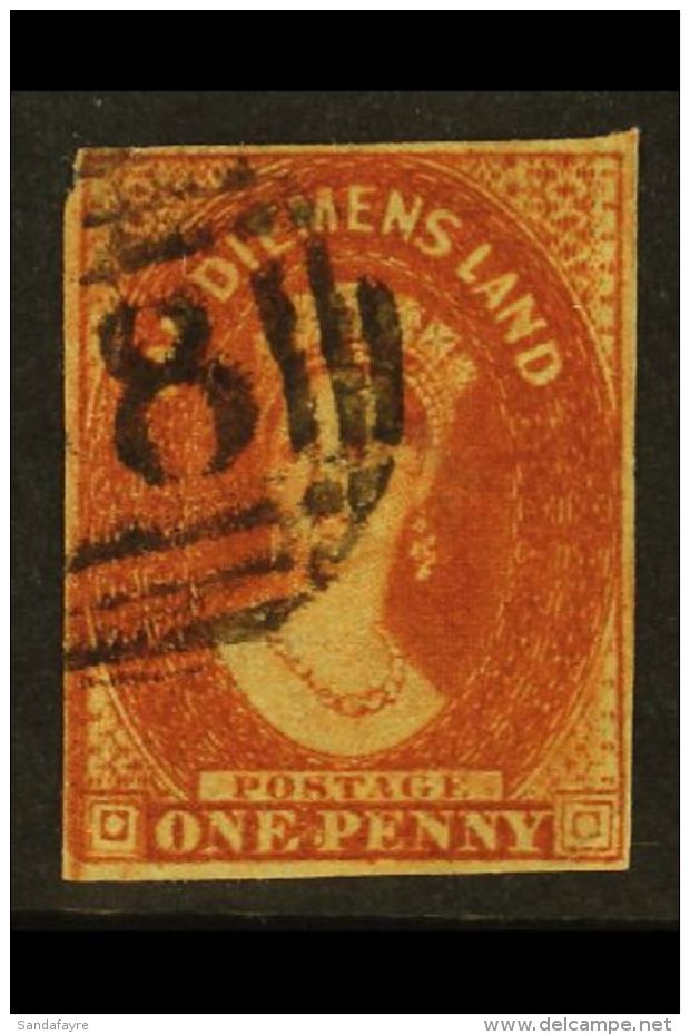 TASMANIA 1856-57 1d Deep Red- Brown On Pelure Paper, SG 24, Very Fine Used With 4 Margins &amp; Rich Original... - Sonstige & Ohne Zuordnung