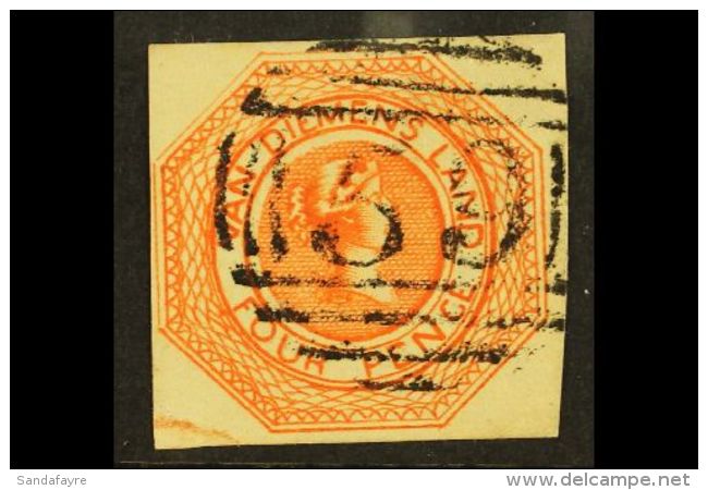 TASMANIA 1853 4d Bright Red-orange Plate I, SG 5, Very Fine Used Choice Example With 4 Margins, Neat "59"... - Andere & Zonder Classificatie
