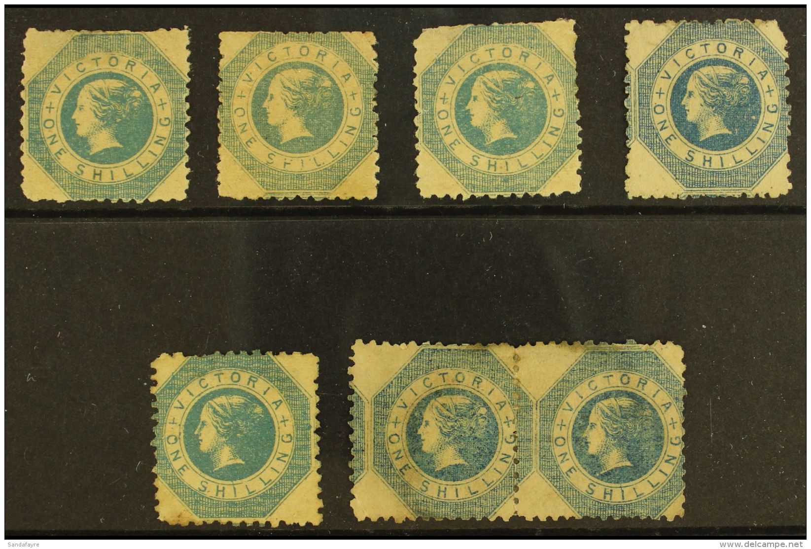 VICTORIA 1859 1s Blues, A Rare Group Of 7 Unused With &amp; Without Gum Examples, Originally From The Famed Purves... - Other & Unclassified
