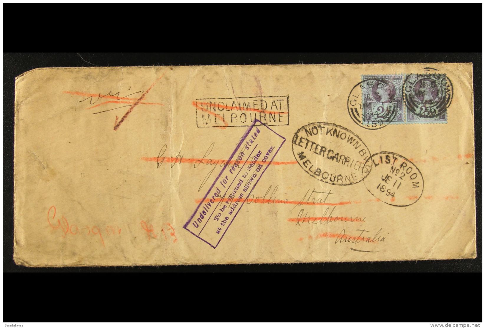 VICTORIA 1894 Unclaimed Cover From Glasgow To Melbourne Bearing GB 2&frac12;d Pair, With Address Crossed Out And... - Andere & Zonder Classificatie