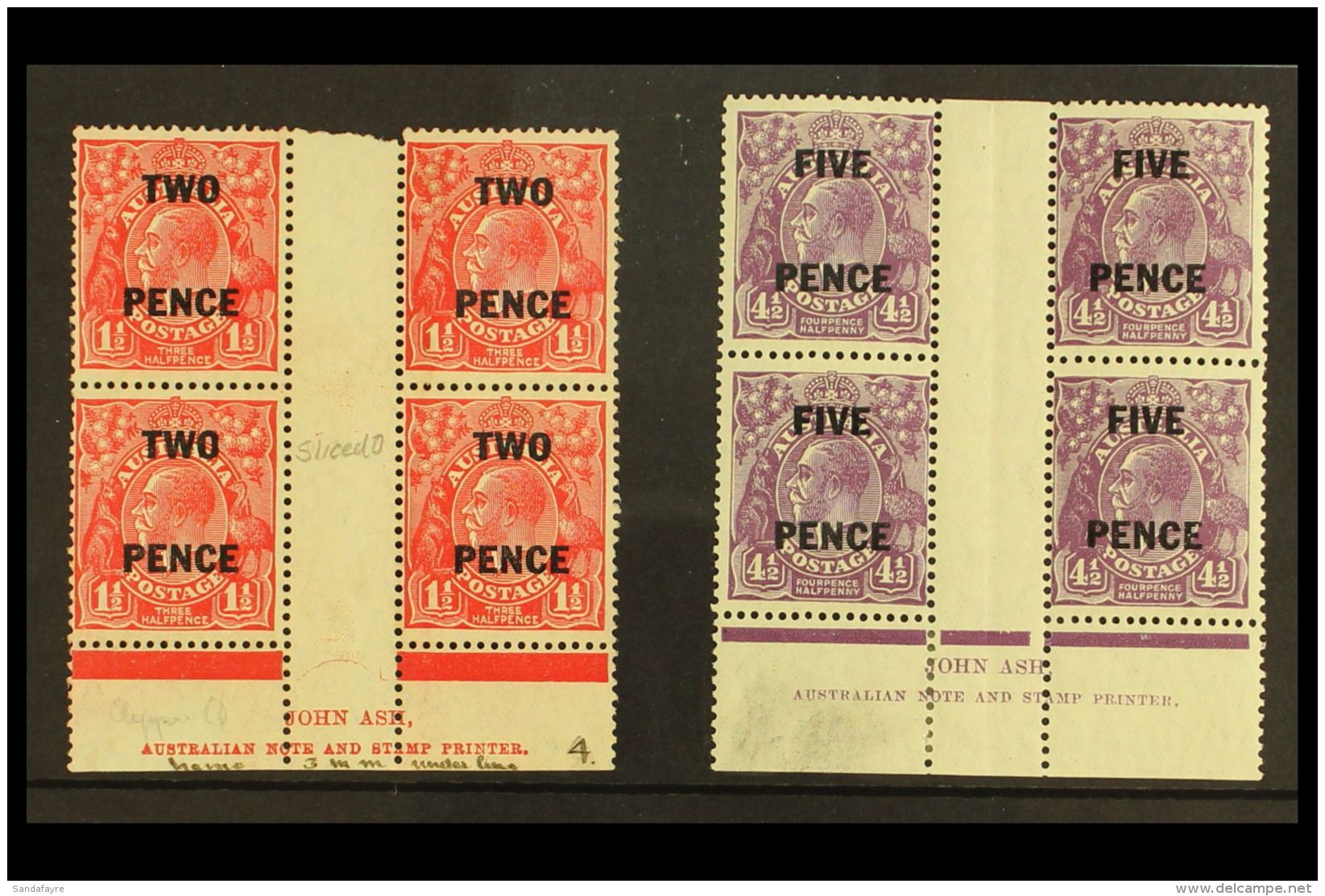 1930 2d On 1&frac12;d And 5d On 4&frac12;d Surcharges, SG 119/120, Both As JOHN ASH Imprint Blocks Of Four, Fine... - Other & Unclassified