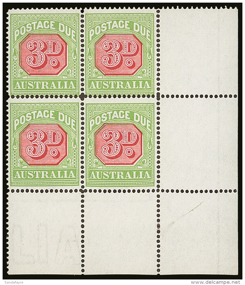 POSTAGE DUES 1912 - 1923 3d Rosine And Apple Green, Perf 14, SG D82, Superb NHM Corner Block Of 4. For More... - Sonstige & Ohne Zuordnung