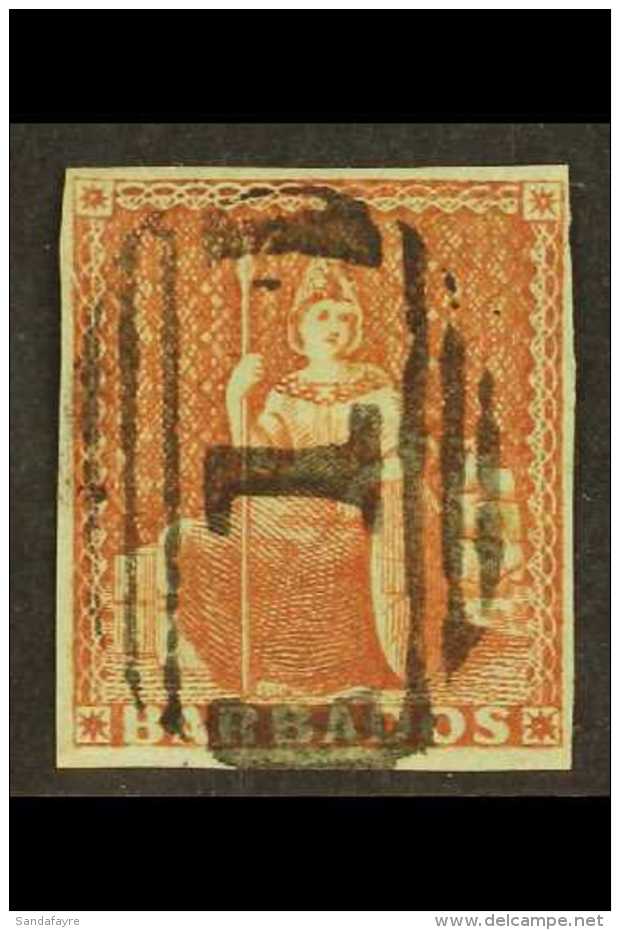 1852 (4d) Brownish Red On Blued Paper, SG 5, Superb Used With Complete Central Barred "1" Cancel, Clear Margins... - Barbados (...-1966)