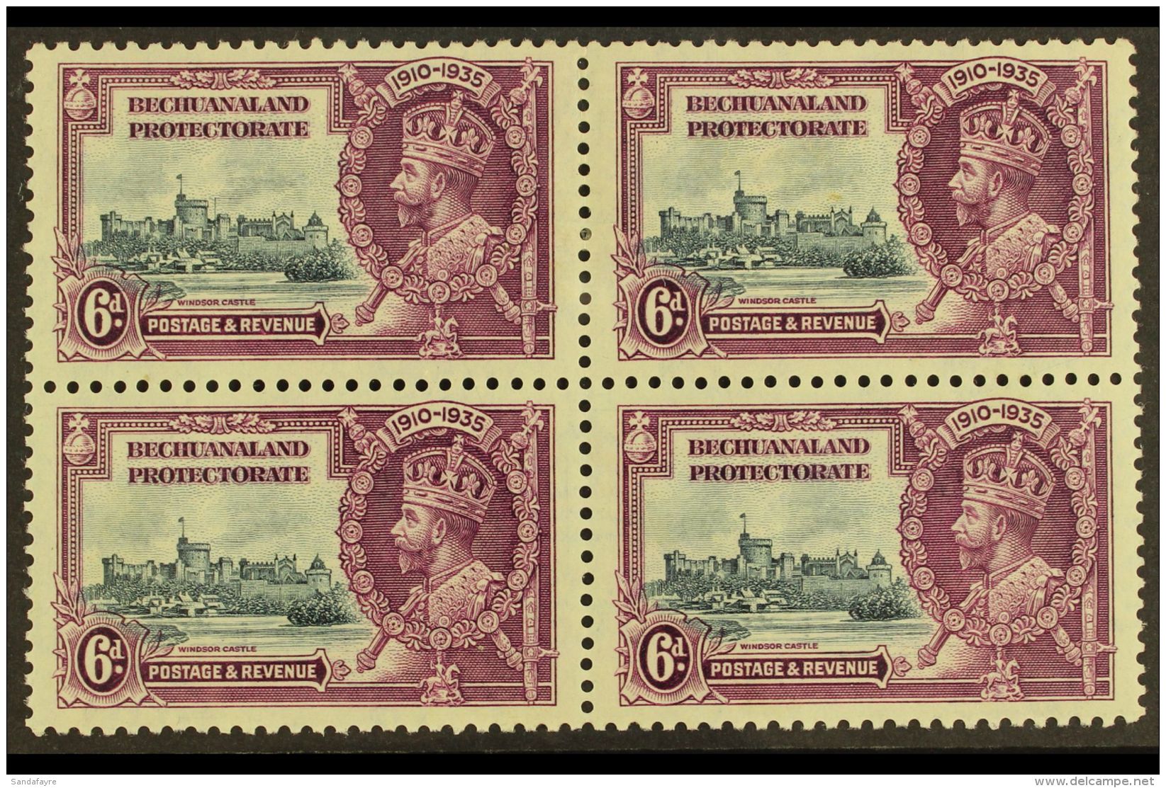 1935 6d Slate &amp; Purple, Silver Jubilee, Extra Flagstaff Variety In A Block Of 4, SG 114a, Very Fine Mint. For... - Sonstige & Ohne Zuordnung