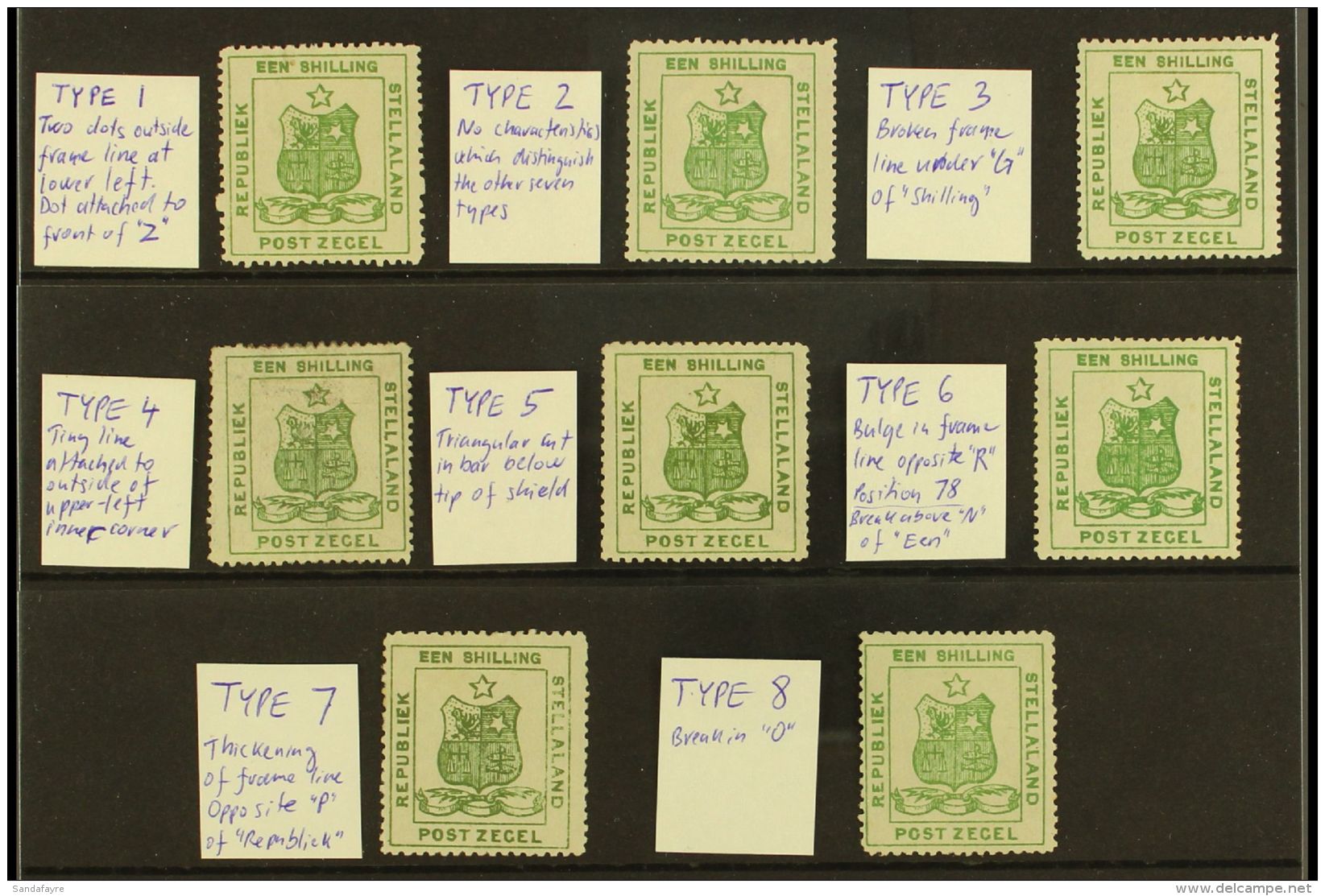 STELLALAND 1884 1s Green ALL EIGHT DIFFERENT TYPES, SG 5, Mint, With Type Characteristics Described, Mostly Fine... - Andere & Zonder Classificatie