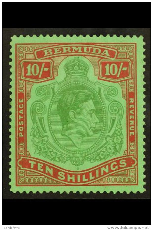 1938-53 10s Yellow Green &amp; Deep Carmine On Green LINE PERF 14&frac14;, SG 119b, Never Hinged Mint With Usual... - Bermuda