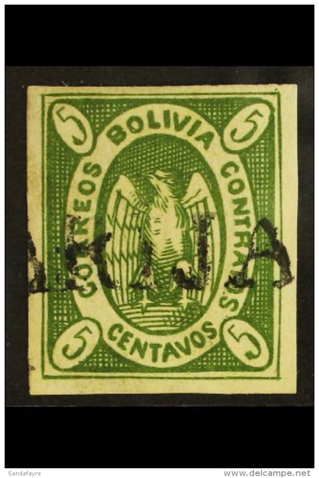 1867-68 1867-68 5c Yellow-green Condor Thick Paper (Scott 1e, SG 1), Very Fine Used With Straight-line "TARIJA"... - Bolivien