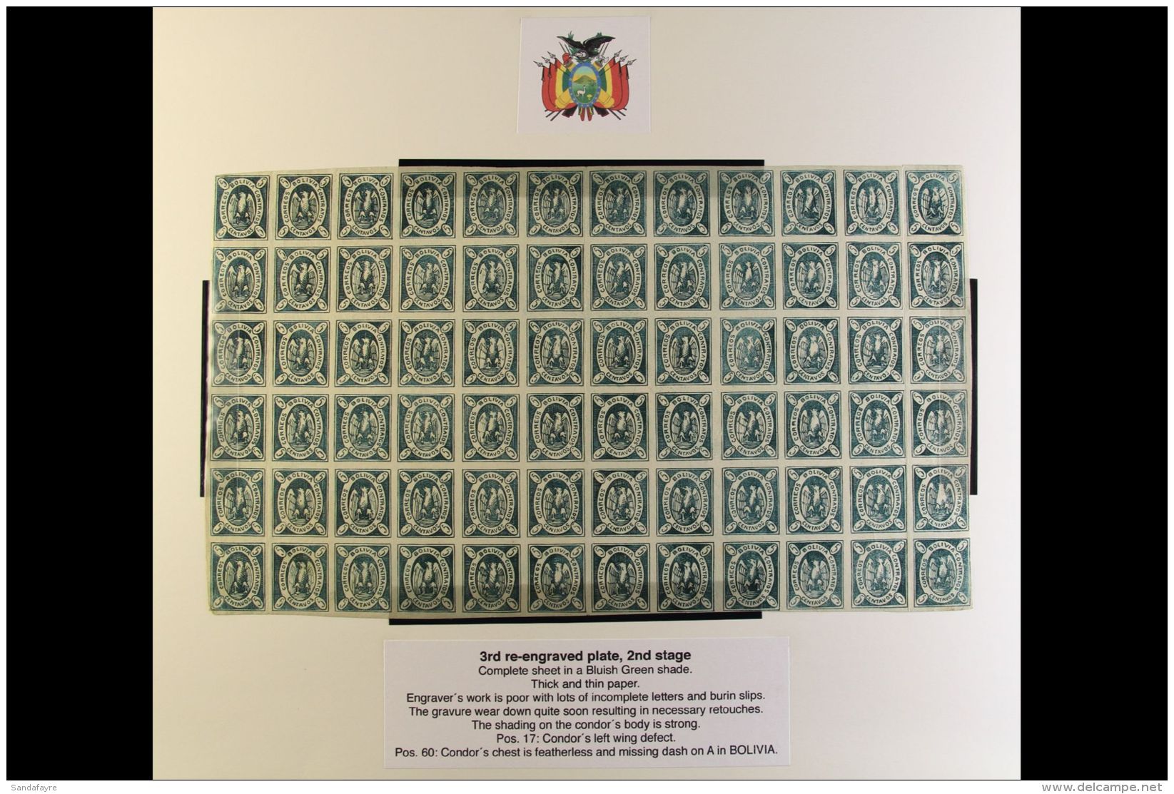 1867-68 5c Bluish Green Condor COMPLETE SHEET Of The 3rd Re-engraved Plate Of The 2nd Stage Mint Full OG In Lovely... - Bolivië