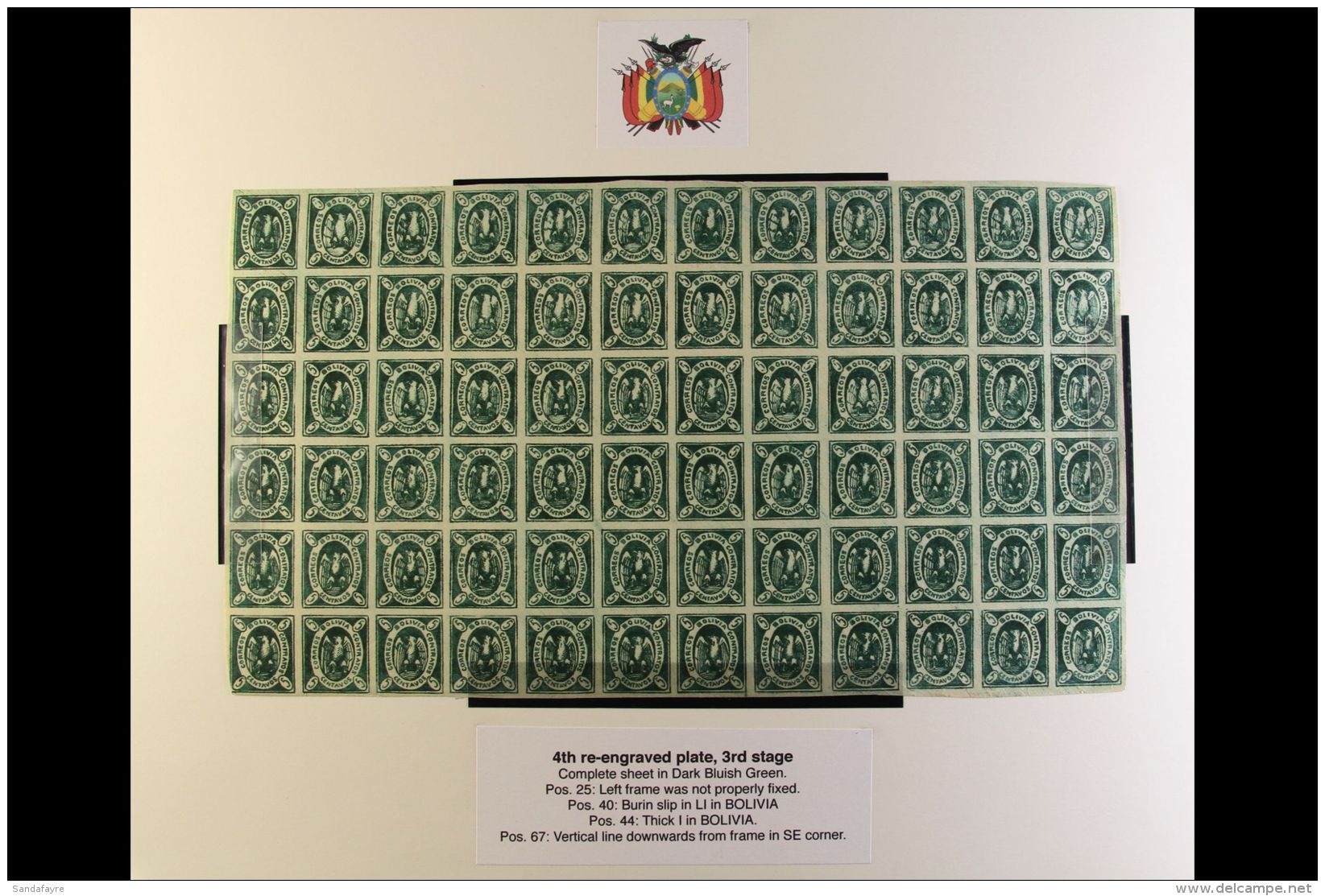 1867-68 5c Dark Bluish Green Condor COMPLETE SHEET Of The 4th Re-engraved Plate Of The 3rd Stage Mint Full OG In... - Bolivie