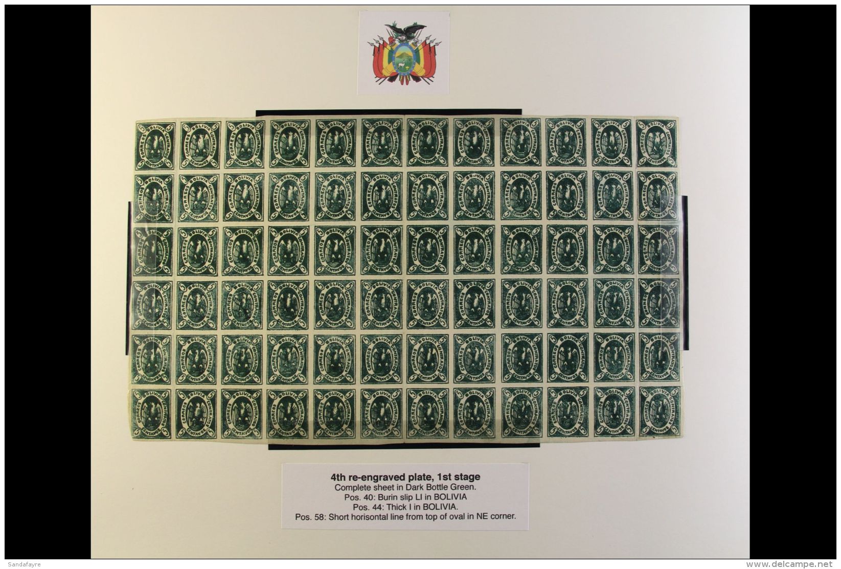 1867-68 5c Dark Bottle Green Condor COMPLETE SHEET Of The 4th Re-engraved Plate Of The 1st Stage Mint Full OG In... - Bolivia