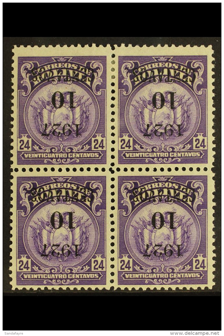 1927 10c On 24c Purple With INVERTED SURCHARGE Variety (Scott 162a, SG 193a), Very Fine Mint BLOCK Of 4,... - Bolivia