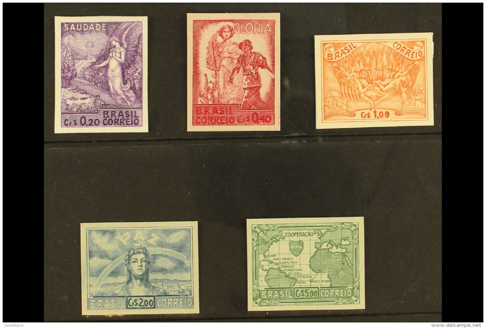 1945 Allied Victory Complete Set, SG 711/715, As IMPERF PROOFS On Card, Printed In Issued Colours, Very Fine. (5... - Other & Unclassified