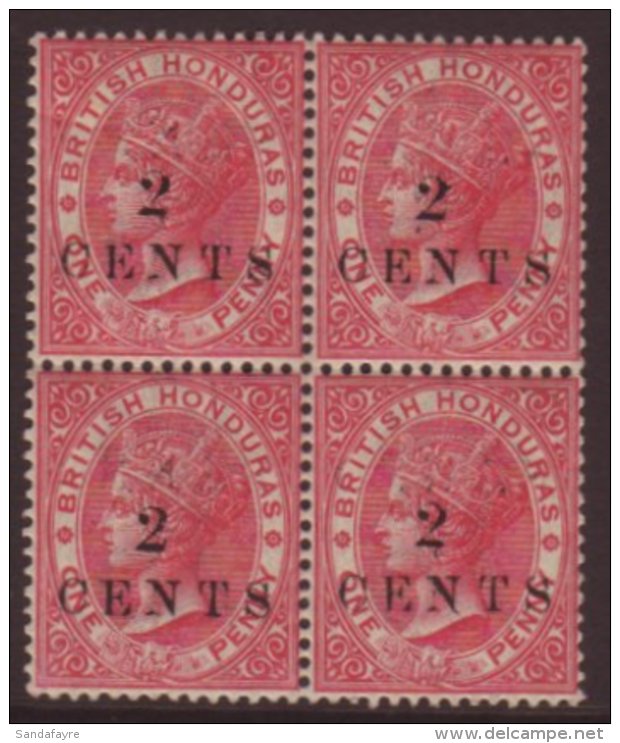 1888 2c On 1d Rose Showing Light INVERTED OFFSET Of The Surcharge On Face, SG 27var, Mint BLOCK OF FOUR With 3... - Brits-Honduras (...-1970)