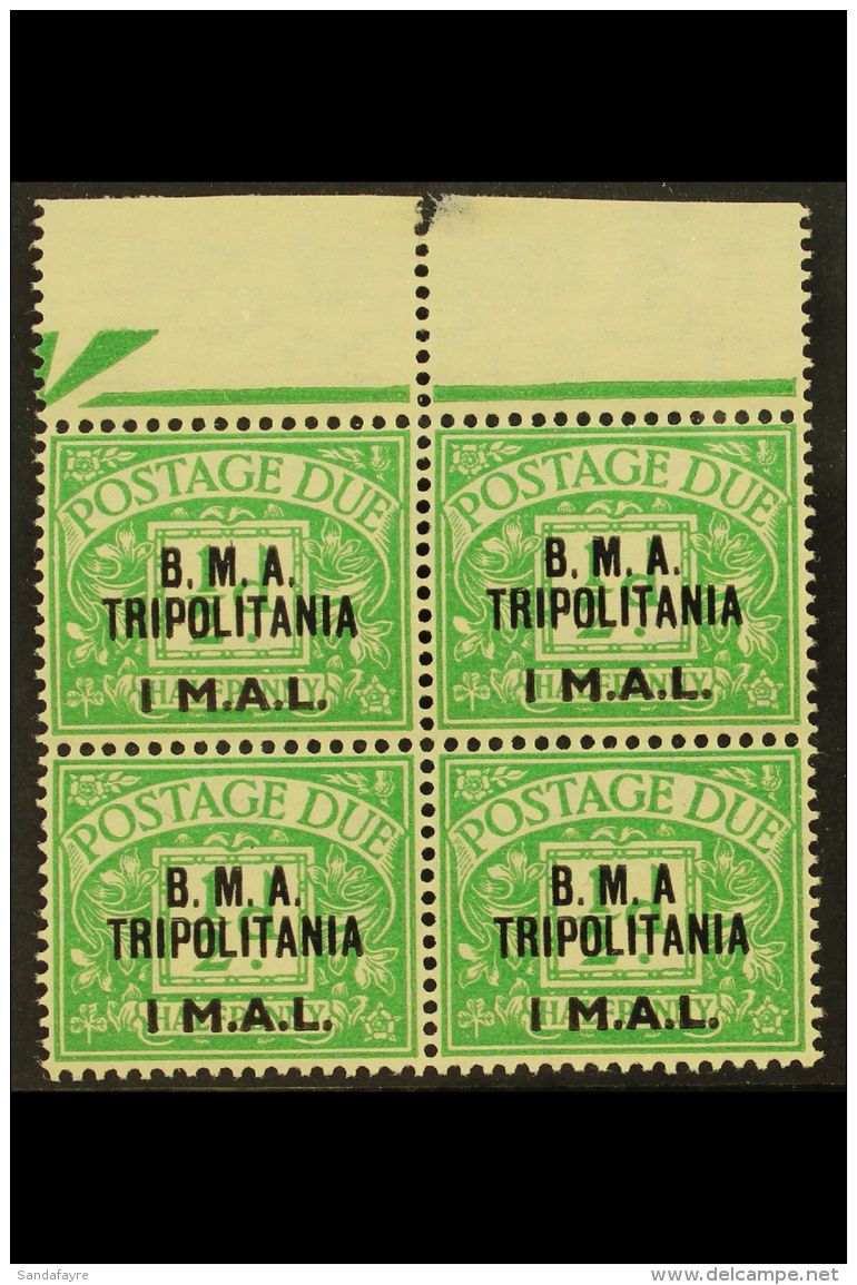 TRIPOLITANIA POSTAGE DUES 1948 1L On &frac12;d Emerald, Marginal Block Of 4, One Copy Showing The Variety "No Stop... - Afrique Orientale Italienne