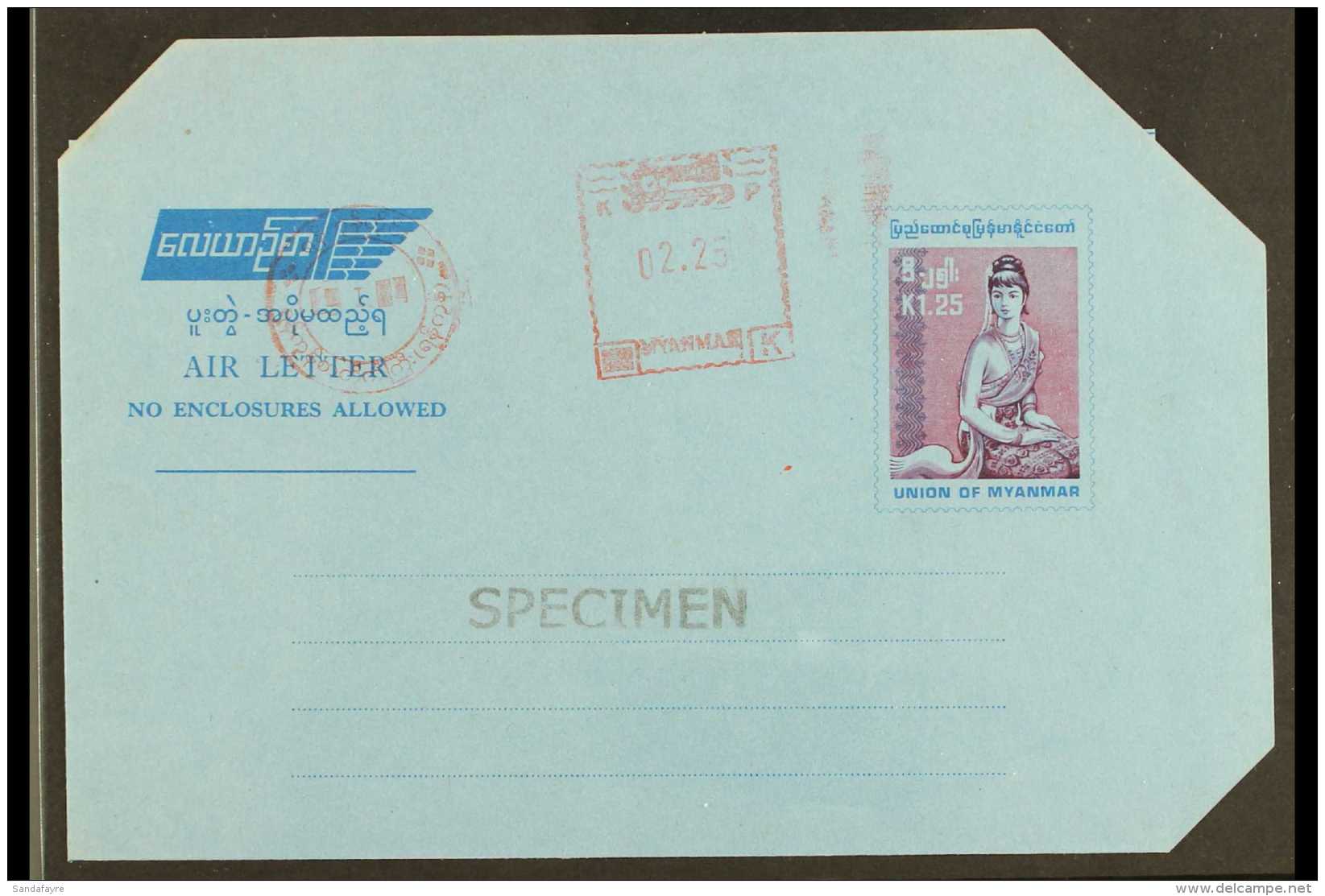 1992? 1.25k Pink And Blue On Blue Myanmar Aerogramme With 2.25k Surcharge Applied By Undated Franking Machine... - Birmanie (...-1947)