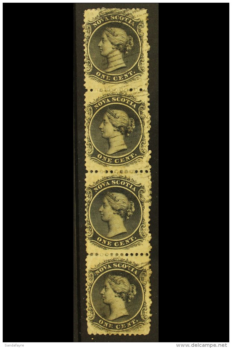 1860-63 1c Jet Black On Yellowish Paper, SG 9, Fine Used VERTICAL STRIP FOUR, Scarce Multiple. For More Images,... - Autres & Non Classés