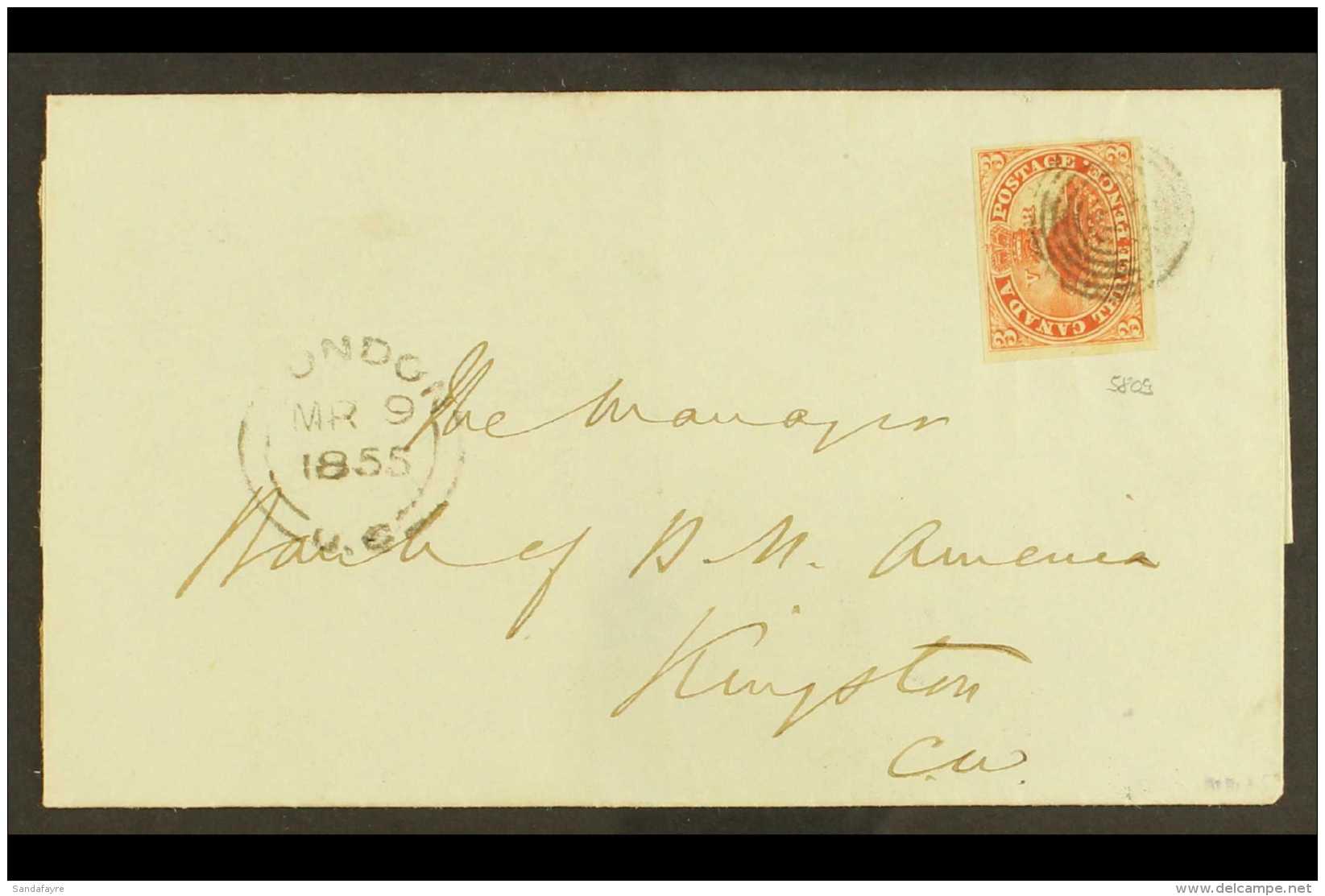 1855 (9 Mar) Wrapper From London (Ontario) To Kingston (Ontario) Bearing A Lovely 1852 3d Red With 4 Margins, Tied... - Otros & Sin Clasificación