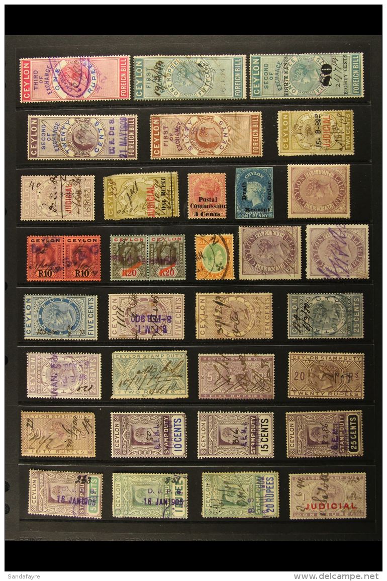 REVENUES 1862-1938 MOSTLY USED COLLECTION On Stock Pages, Inc Receipt 1862 1d Opt (this Unused), Revenue 1938 10r... - Ceylan (...-1947)
