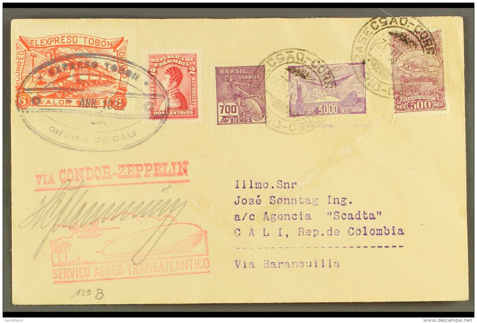 1932 ZEPPELIN FLIGHT. 1932 (24 March) Cover Bearing An Interesting Mixed Franking Of TOBON 6c (Colombian Private... - Colombia