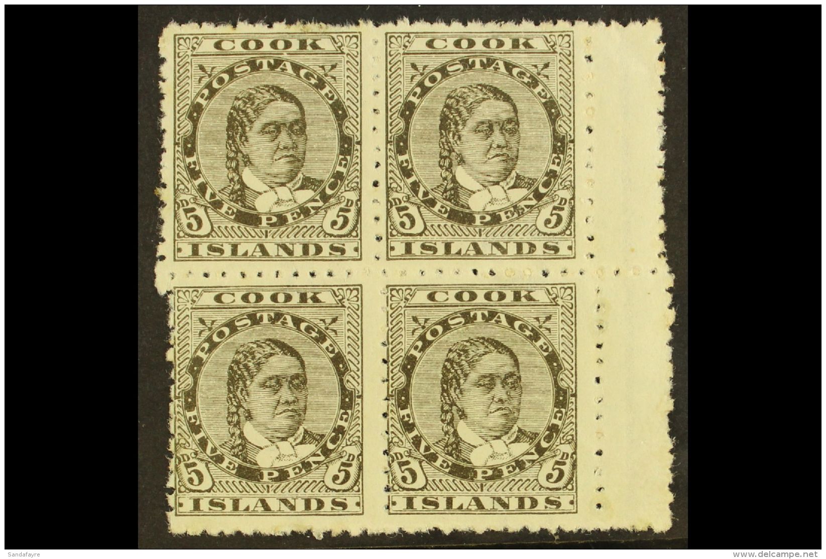 1893-1900 5d Olive-black Perf 12x11&frac12;, SG 9, Fine Mint (two Stamps Never Hinged) BLOCK Of 4 With Gutter At... - Cook Islands