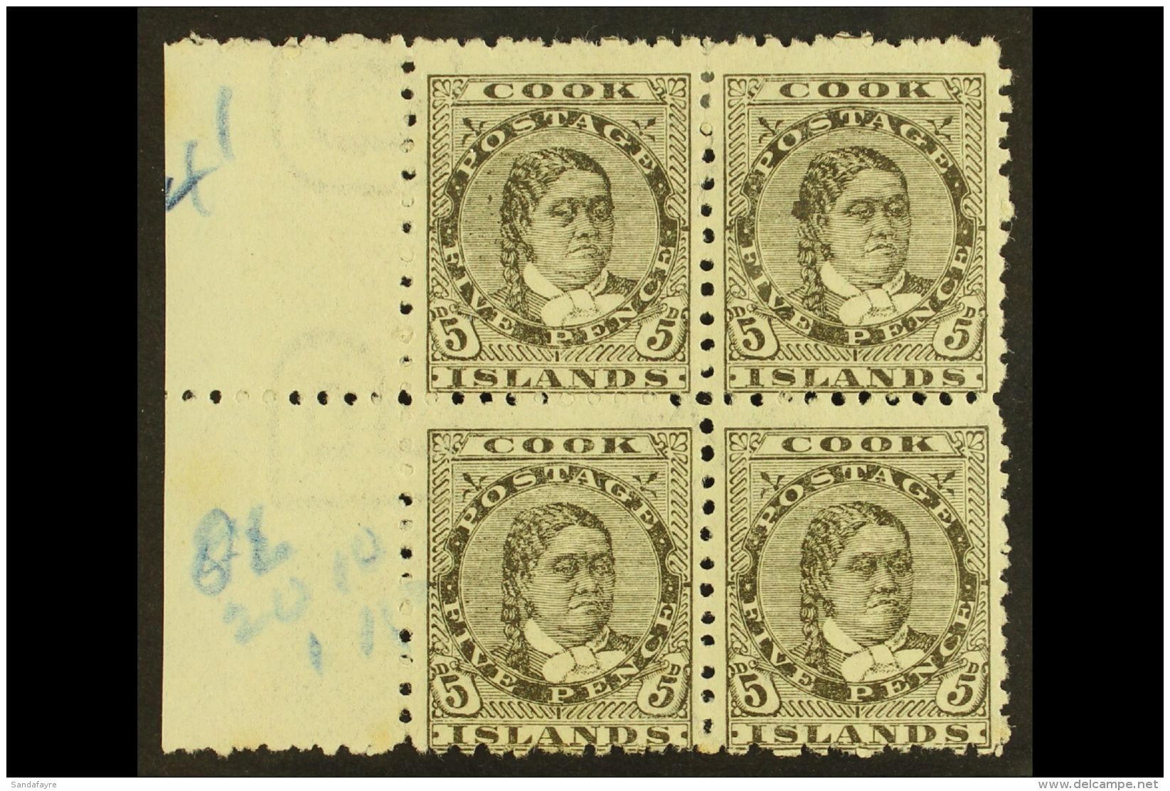 1902 5d Olive-black, SG 33, Fine Mint Marginal BLOCK Of 4, Fresh. (4 Stamps) For More Images, Please Visit... - Cookeilanden