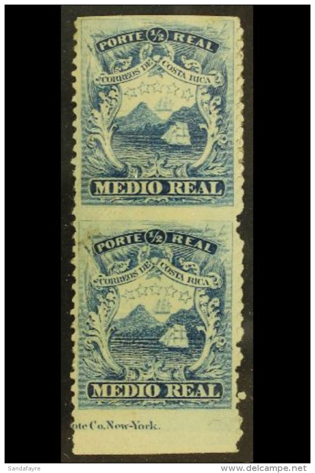 1875 &frac12;r Blue, Plate II, Lower Marginal Pair Showing Variety "IMPERF HORIZONTALLY", Scott 1b (SG 2a), Fine... - Costa Rica