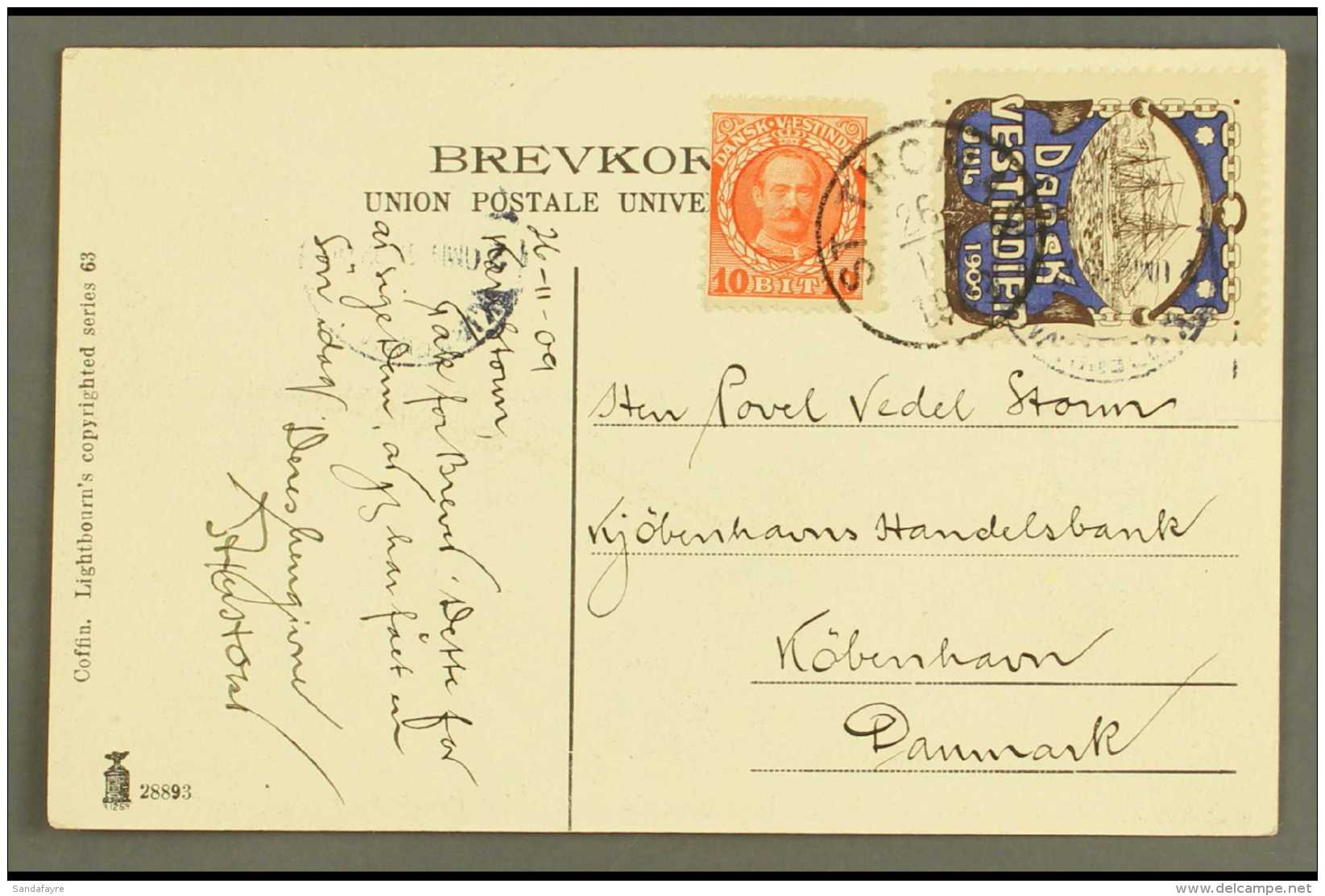 1909 CHRISTMAS SEAL ON POSTCARD. Picture Postcard Showing St Thomas, Addressed To Denmark, Bearing 10b Stamp And... - Dänisch-Westindien