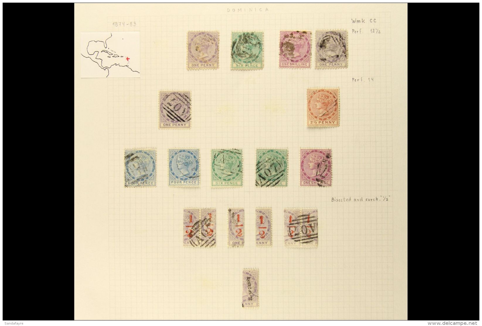 1874-1890 GOOD TO FINE USED Collection On Leaves. With 1874 (CC, Perf 12&frac12;) 1d (2), 6d &amp; 1s; 1877-79... - Dominica (...-1978)