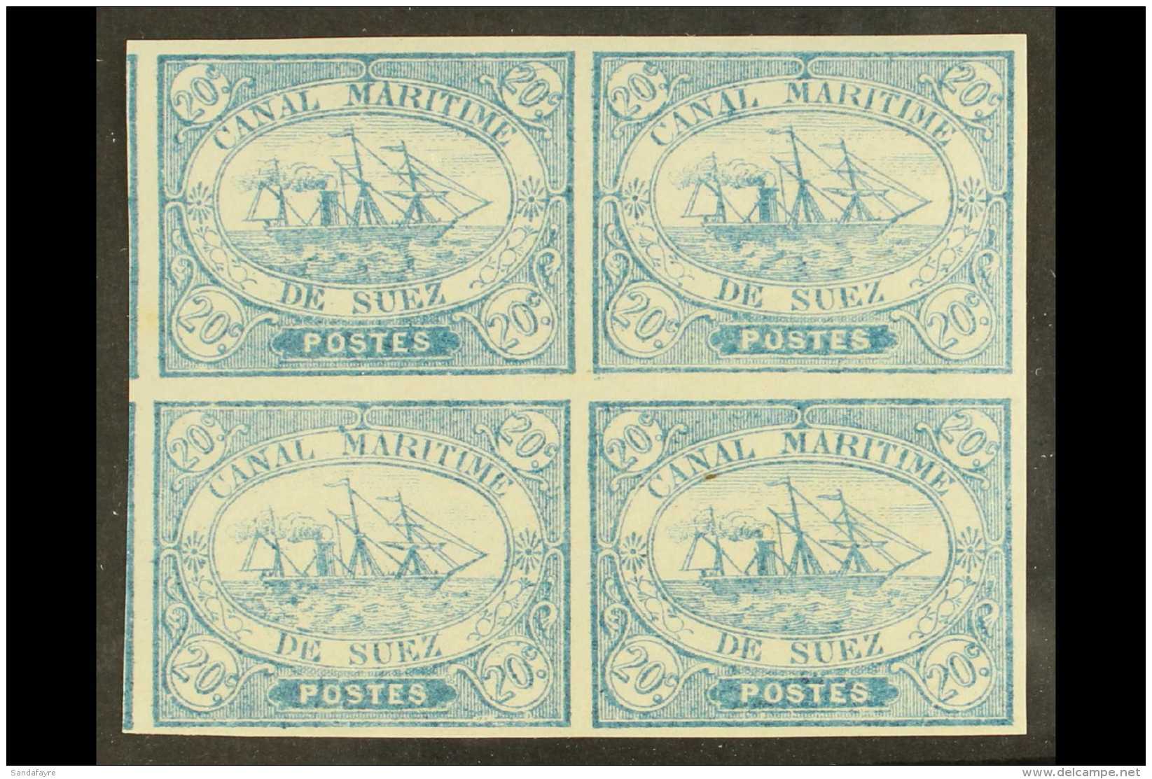 SUEZ CANAL COMPANY 1868 20c Blue, SG 3, Superb Never Hinged Mint BLOCK OF FOUR (positions 79/92) With 4 Large /... - Andere & Zonder Classificatie