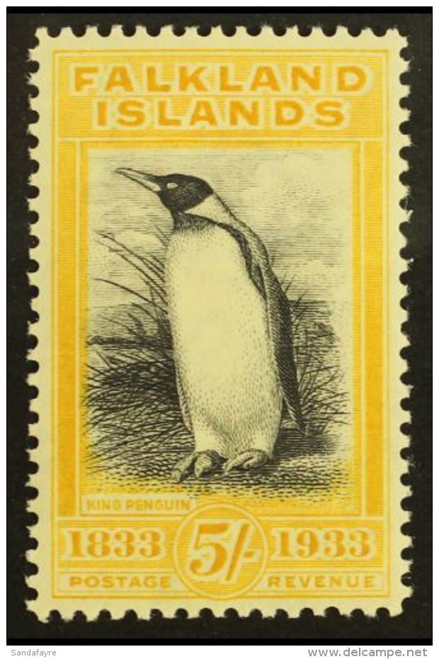 1933 5s Black And Yellow Centenary Of British Admin "King Penguin", SG 136, Very Lightly Hinged Mint With Slightly... - Falklandeilanden