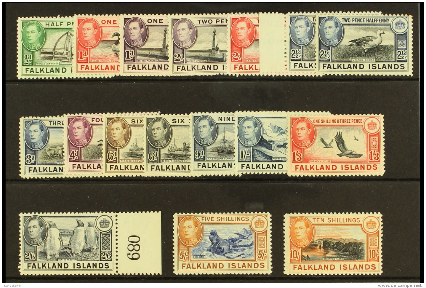 1938-50 Definitives Complete Basic Set From &frac12;d To 10s, SG 146/162, Very Fine Mint, The 2s6d Is Never Hinged... - Falklandeilanden