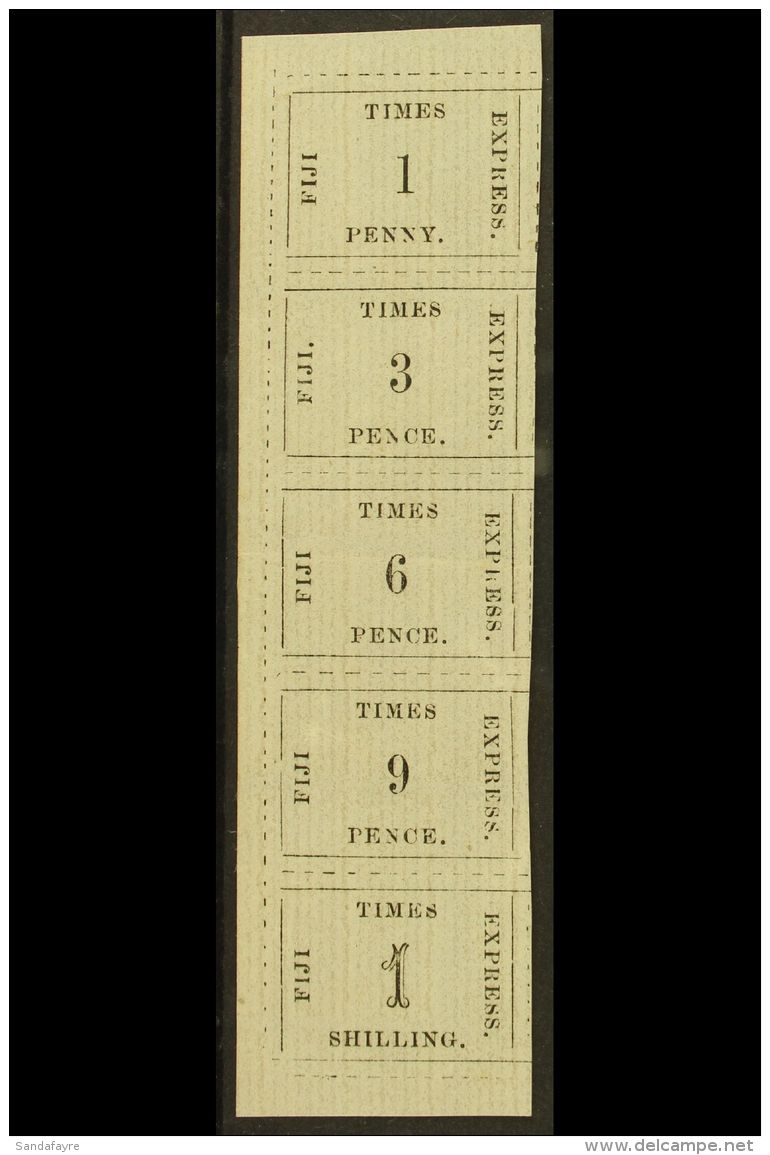 1876 FIJI TIMES IMITATIONS. First Imitations Marginal VERTICAL SE-TENANT STRIP Of 5 Different Values From The Left... - Fidschi-Inseln (...-1970)