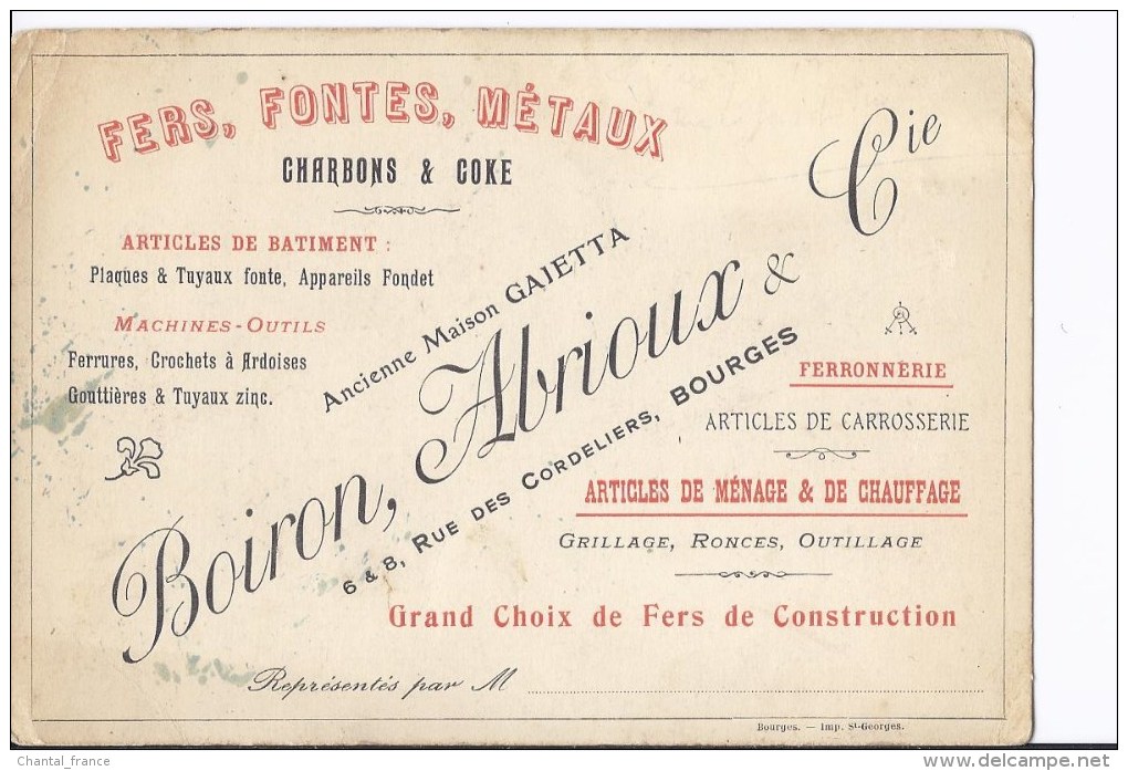 1 Carte Publicitaire Fers,Fontes,Métaux.Boiron, Albrioux & Cie. Bourges - Bourges