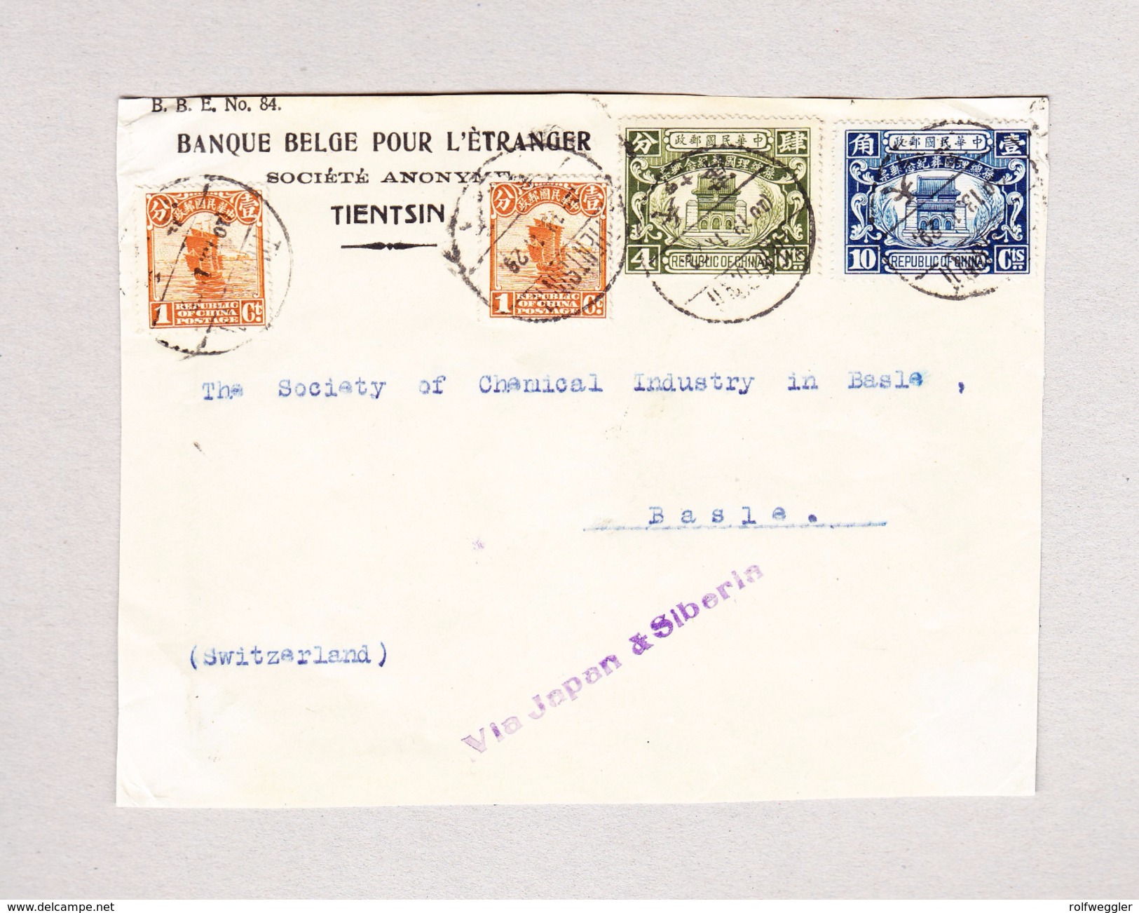 China 1929 Briefvorderseite (Front) Tientsin Nach Basel Mischfrankatur - 1912-1949 République