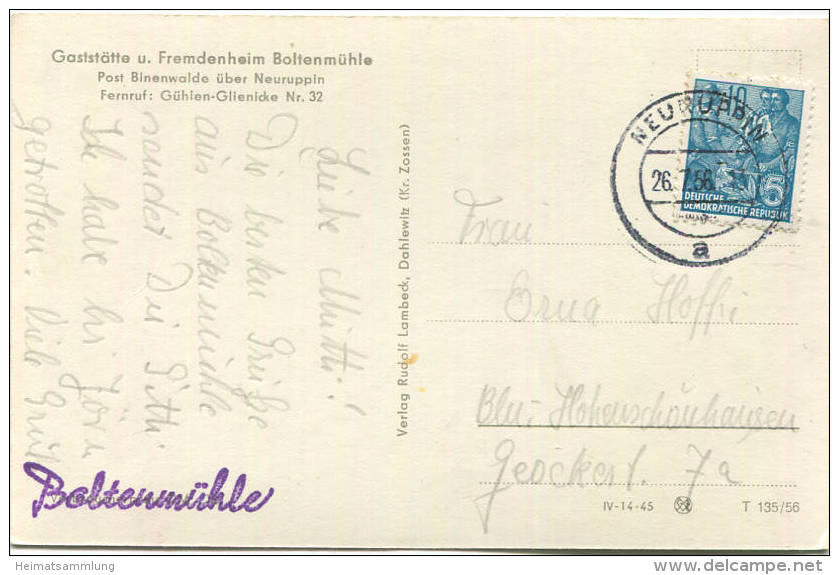 Ruppiner Schweiz - Boltenmühle - Post Binenwalde über Neuruppin - Foto-AK - Verlag Rudolf Lambeck Dahlewitz Gel. 1956 - Neuruppin