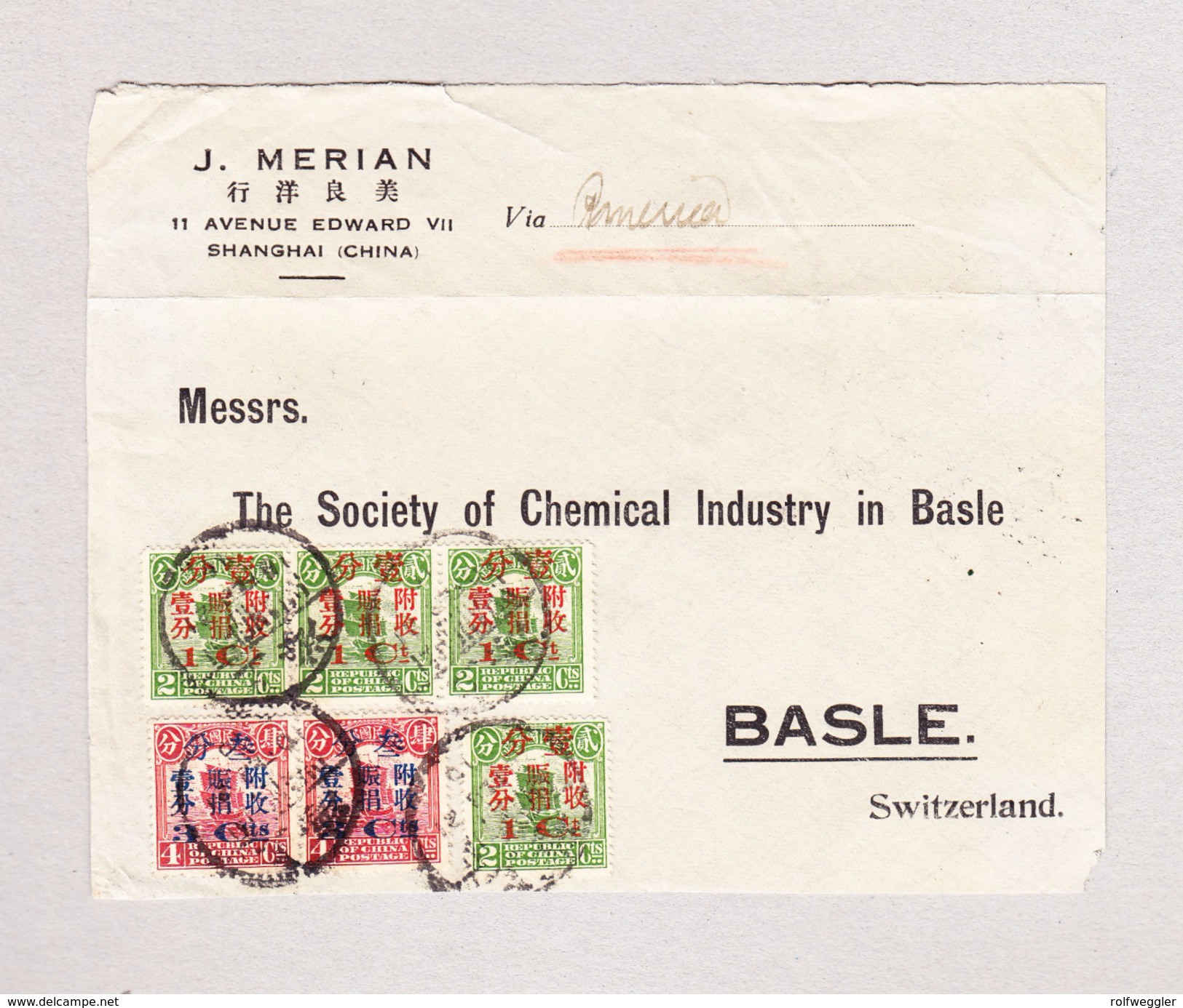 China Briefteil (part Cover) Von Shanghai Nach Basel Mit Überdruck Marken 1c Auf 2c (4) Und 3c Auf 4c (2) - 1912-1949 République