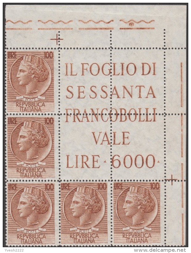 Italie 1955 Y&T 729. Bloc De 5 Timbres Et 4 Vignettes. « Monnaie Syracusaine », Médaille De Proserpine, Mythologie - Agriculture