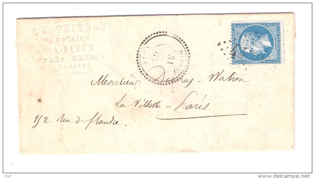 Lettre De DIEUE , Meuse, Cachet Perlé Du 31 Janvier 1865 , GC 4479 Sur Empire N° 22 > La Villette , Paris, TB - 1849-1876: Période Classique