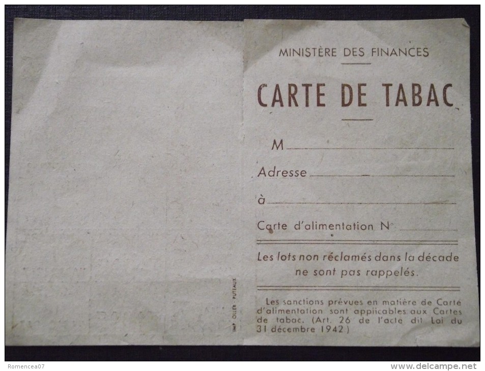 CARTE De TABAC Vierge - Ministère Des Finances - 1947 - Bon état - A Voir ! - Documents