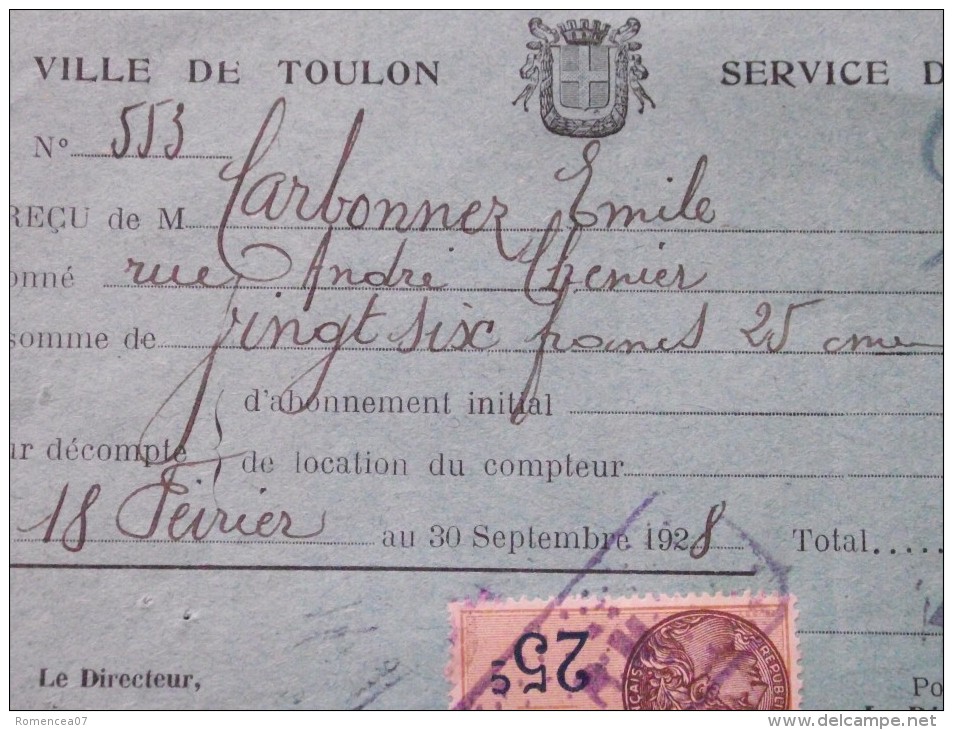 TOULON (Vas) - RECU Du SERVICE Des EAUX Avec Timbre Fiscal - 12 Mars 1928 - A Voir ! - Other & Unclassified