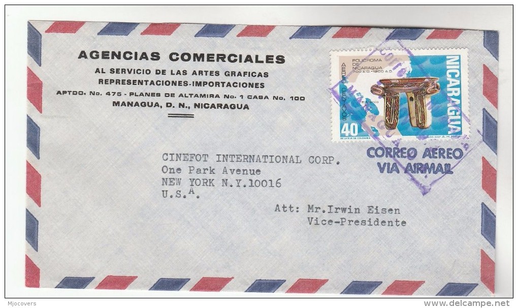 Air Mail  NICARAGUA Agencias Commerciales Artes Graficas COVER 40c Policroma Stamps  To Cinefot Co USA - Nicaragua