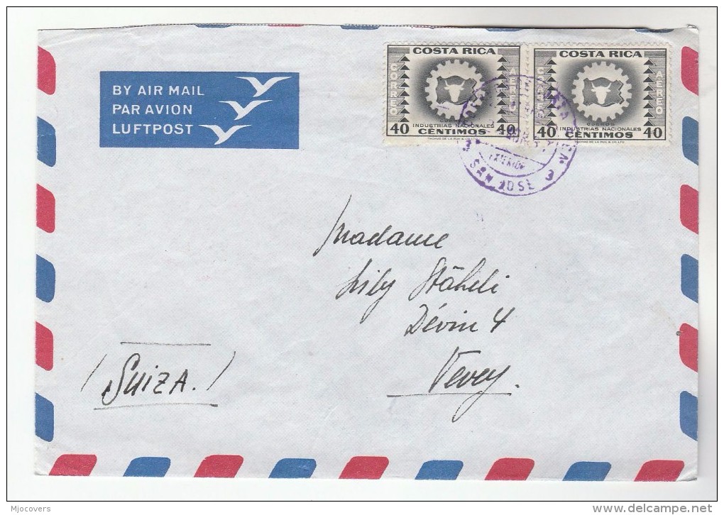 1957 Air Mail  COSTA RICA COVER Stamps 2x 40c CATTLE INDUSTRY  To Switzerland Cow - Farm