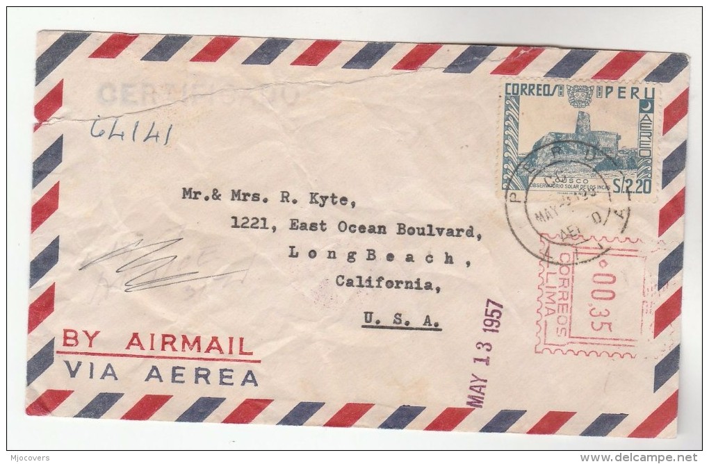 1957 Air Mail PERU  COVER  Franked 2.20 Stamp & 00.35 Meter To USA - Peru