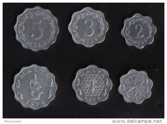 MALTA -  SET OF 3 MALTA COINS / 2 - 3 - 5 - MILS 1972 - Malte