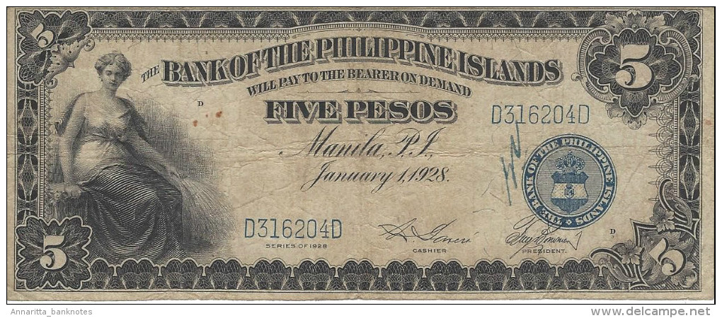 PHILIPPINES 5 PESOS 1928 P-16a F/VF VERY RARE S/N D316204D [PH0607a] - Philippines