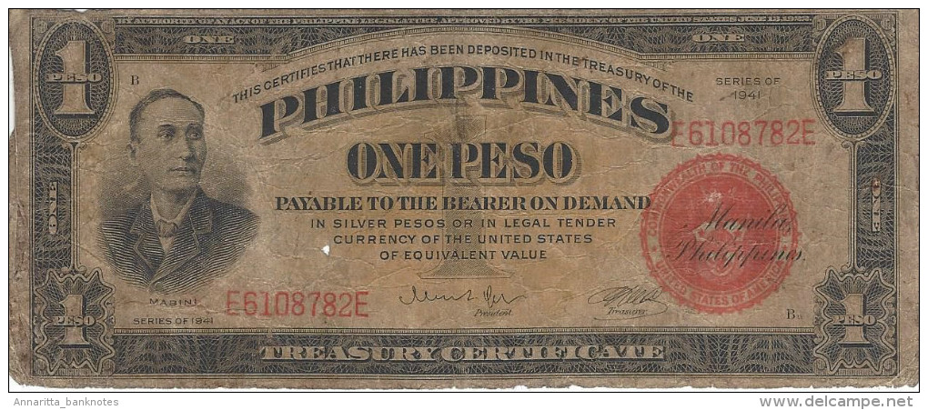 PHILIPPINES 1 PESO 1941 P-89b FR/VG ULTRA RARE S/N E6108782E [PH0546b] - Philippines