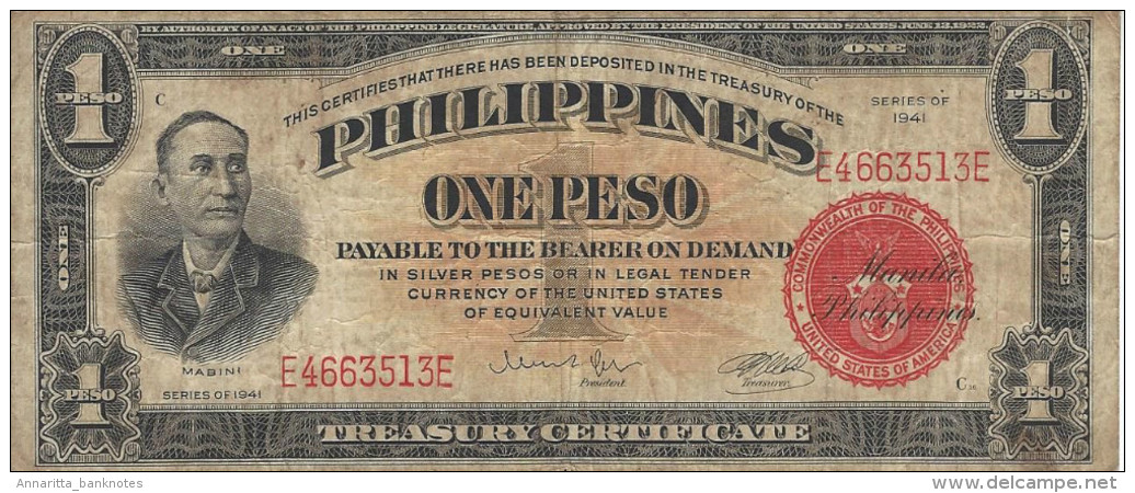 PHILIPPINES 1 PESO 1941 P-89c VF S/N E4663513E [PH0546c] - Filippijnen