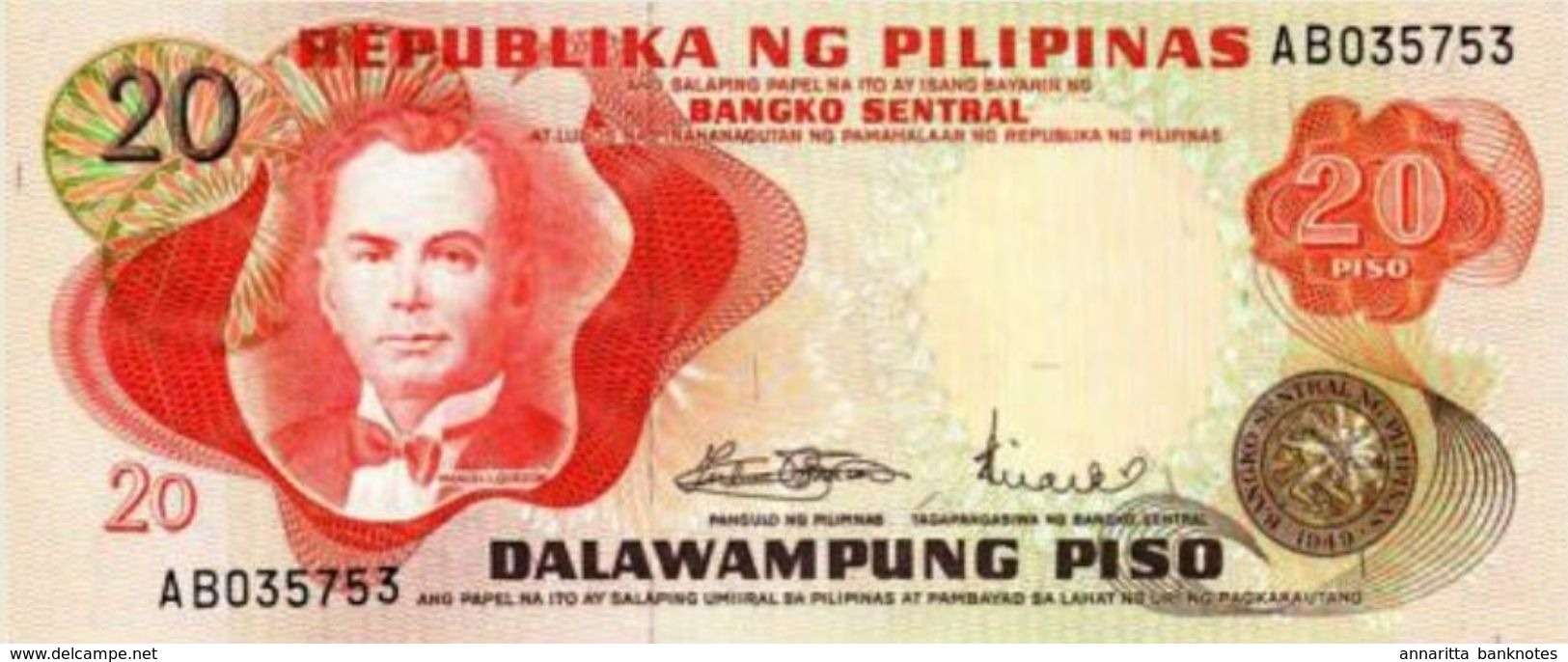 PHILIPPINES 20 PISO (PESOS) 1970 P-150a UNC PREFIX AB [PH1009a] - Philippines