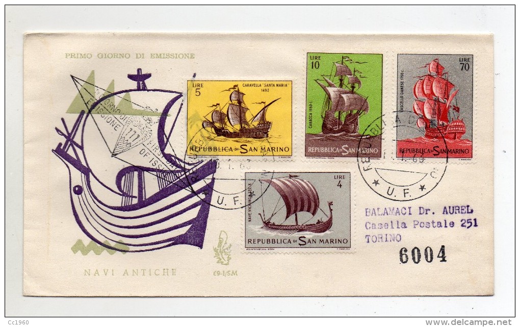 San Marino - 1963 - Busta FDC - Navi Antiche - Con Doppio Annullo Filatelico E Annullo 1° Giorno - (FDC 402) - Barche