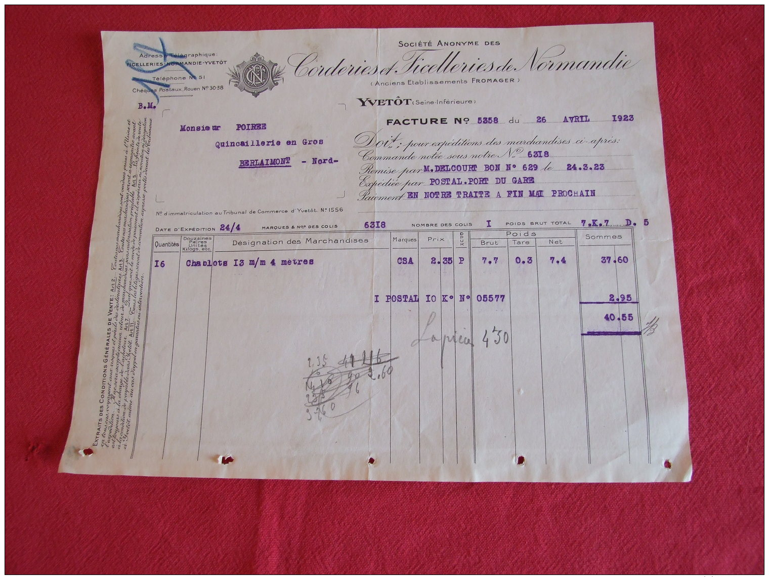 Corderies Et Ficelleries De Normandie à Yvetot( 76190). Facture De 1923. - 1900 – 1949